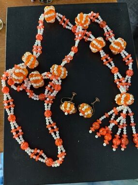 Vintage Orange and White Beaded Necklace & Clip-On Earrings Set